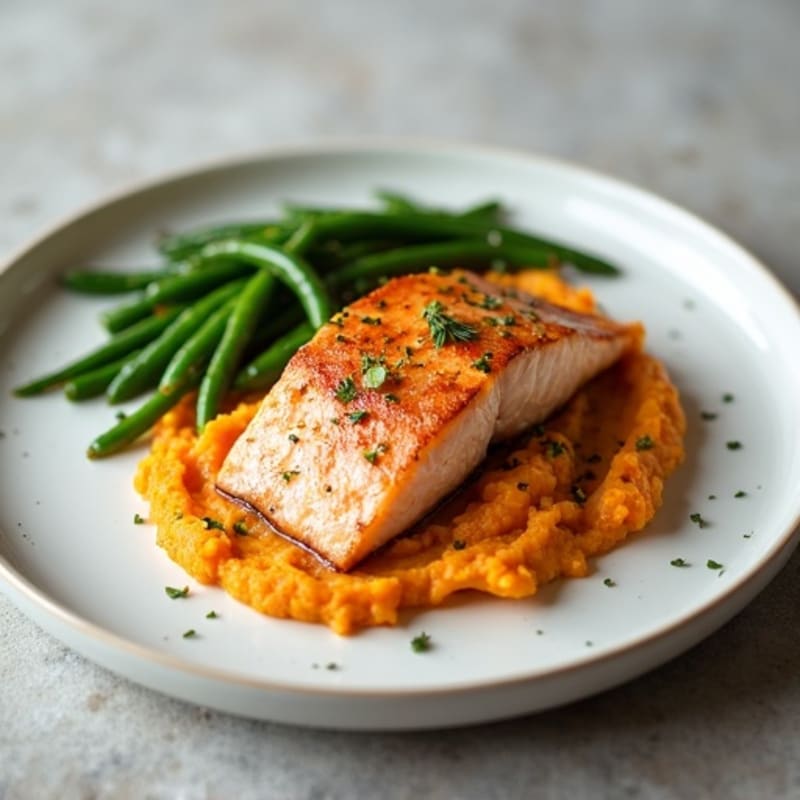 Seared Salmon with Garlic Green Beans and Sweet Potato Mash