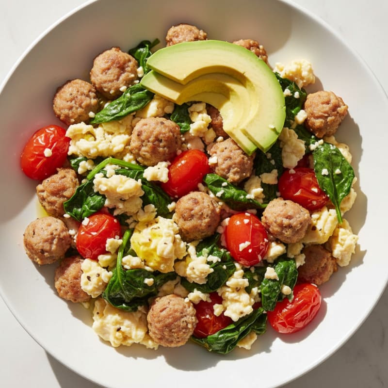 Egg White and Turkey Sausage Scramble with Spinach and Tomatoes