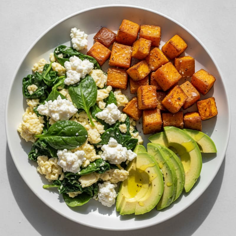 Egg White and Spinach Scramble with Cottage Cheese and Roasted Sweet Potatoes