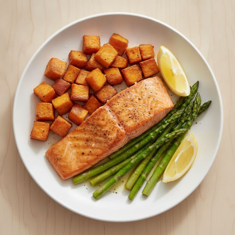 Seared Salmon Fillet with Roasted Sweet Potato and Asparagus