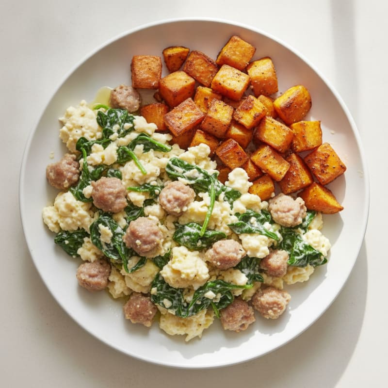Egg White and Turkey Sausage Scramble with Spinach and Roasted Sweet Potato