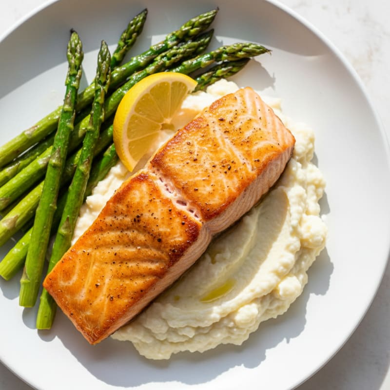Seared Salmon Fillet with Roasted Asparagus and Cauliflower Mash