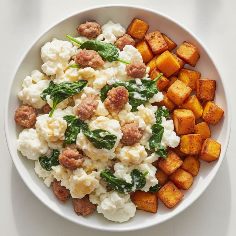 Egg White Scramble with Turkey Sausage and Spinach
