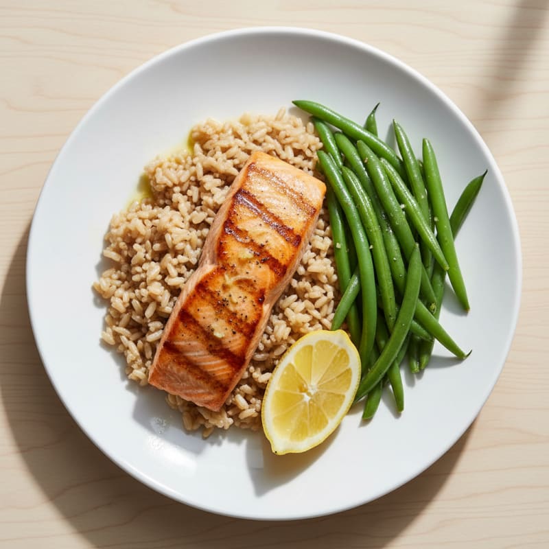Seared Salmon with Steamed Green Beans and Brown Rice