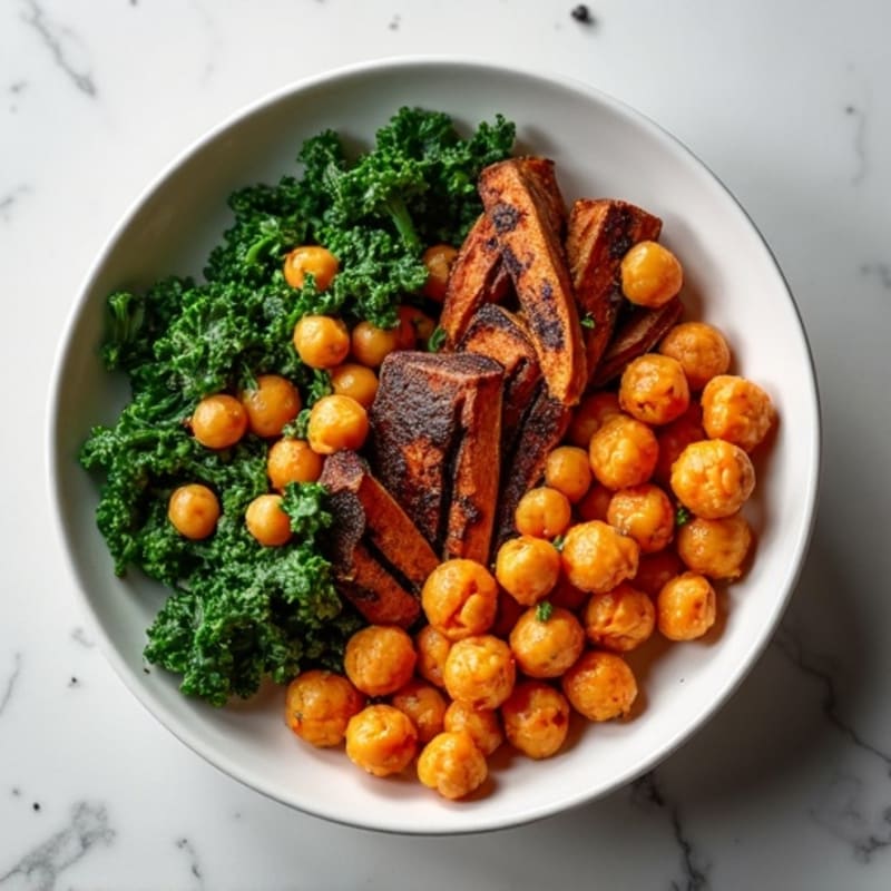 Roasted Japanese Sweet Potato with Crispy Chickpeas and Garlicky Greens
