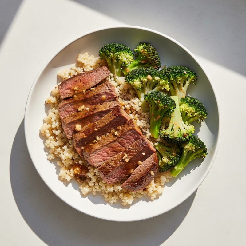 Pan-Seared Beef Strips with Garlic Broccoli and Quinoa