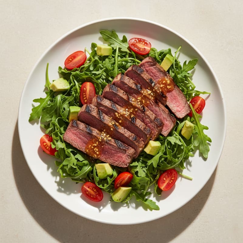 Grilled Steak and Arugula Salad with Cherry Tomatoes and Avocado