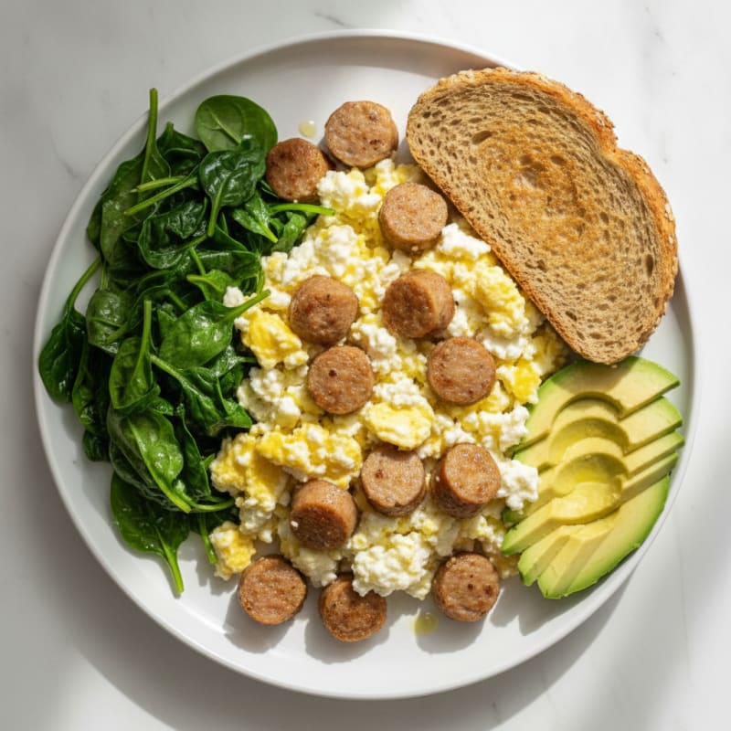 Cottage Cheese Scramble with Turkey Sausage and Sautéed Spinach