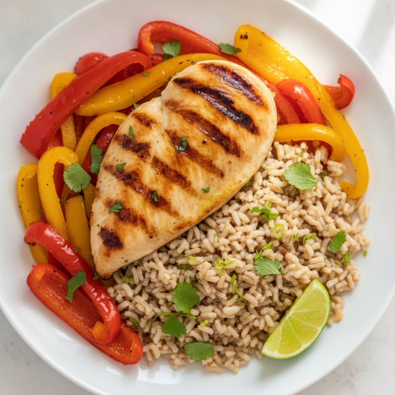 Grilled Chicken Breast with Cilantro Lime Brown Rice and Roasted Peppers