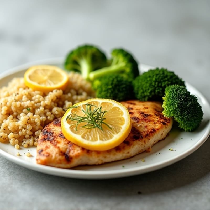 Grilled Lemon Garlic Chicken Breast with Quinoa and Steamed Broccoli