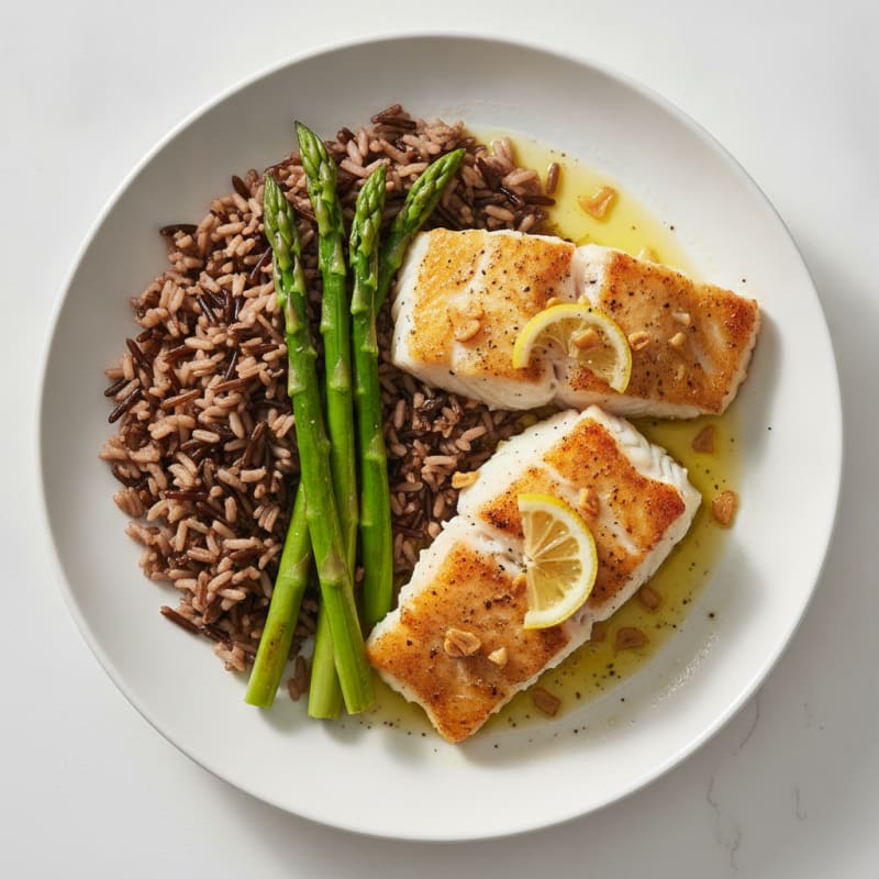 Roasted Fish Fillet with Asparagus and Wild Rice