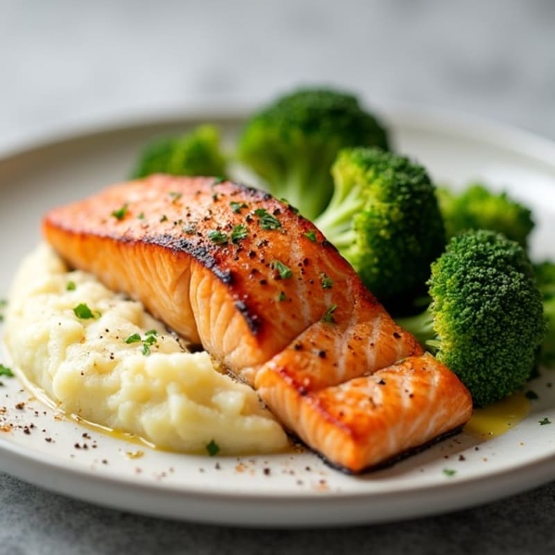 Seared Salmon Fillet with Roasted Broccoli and Garlic Mashed Potatoes