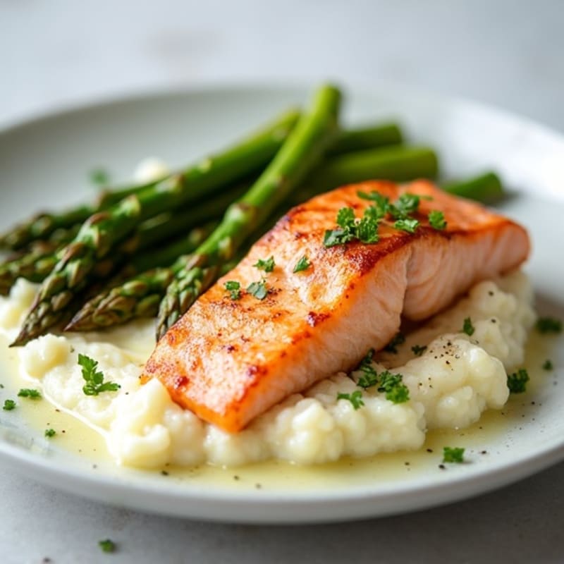 Seared Salmon with Steamed Asparagus and Cauliflower Mash