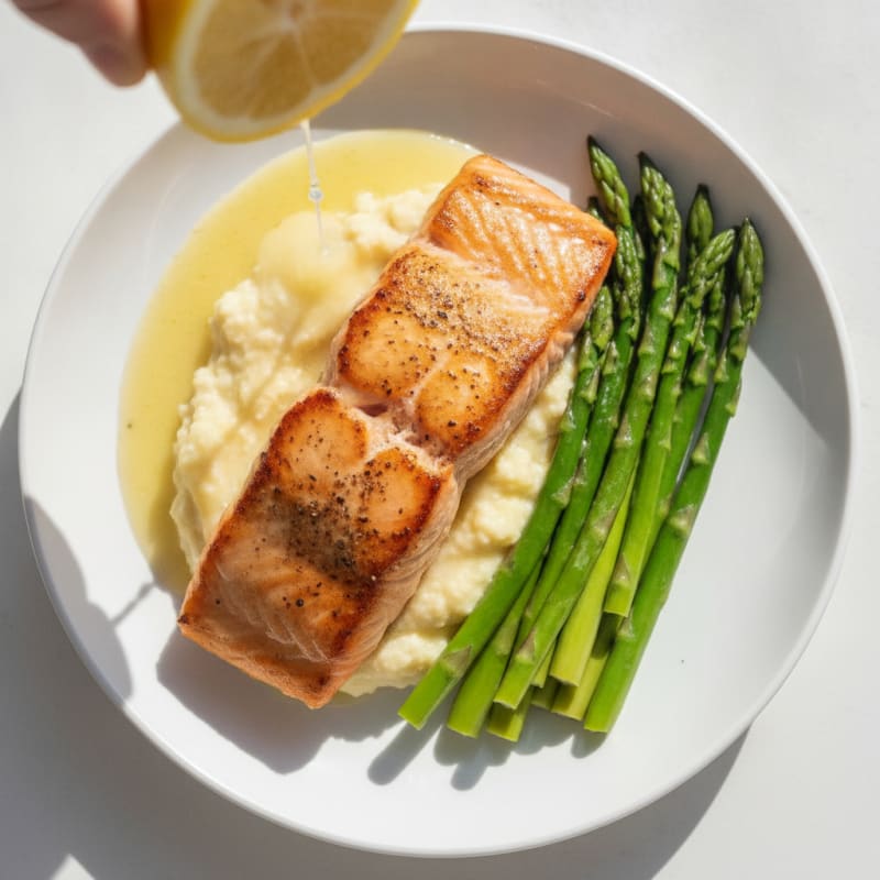 Seared Salmon Fillet with Steamed Asparagus and Cauliflower Mash