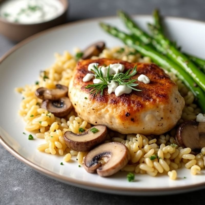 Skillet Chicken Thigh with Creamy Mushroom Orzo and Asparagus