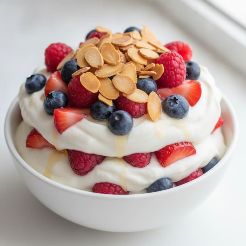 Greek Yogurt Protein Parfait with Mixed Berries and Almonds