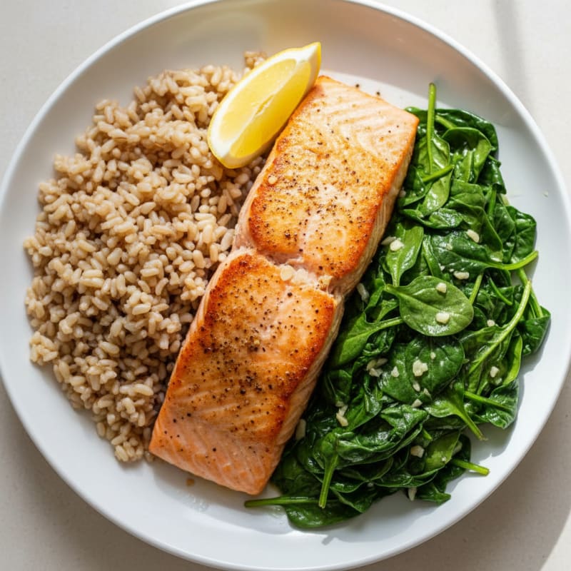 Seared Salmon with Garlic Spinach and Brown Rice