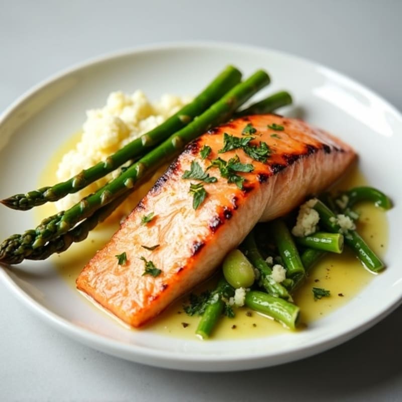 Seared Salmon with Asparagus and Garlic Mashed Cauliflower