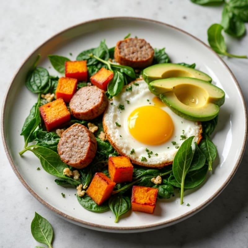 Egg White and Turkey Sausage Scramble with Spinach and Roasted Sweet Potato