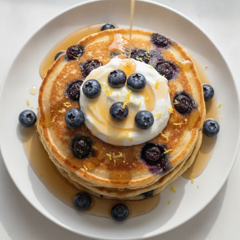 Blueberry Ricotta Pancakes with Maple Syrup