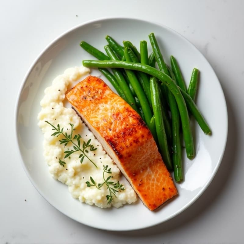 Seared Salmon with Steamed Green Beans and Cauliflower Mash
