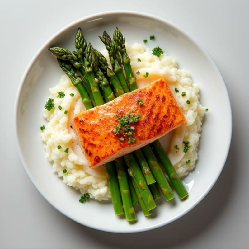 Seared Salmon with Steamed Asparagus and Cauliflower Mash