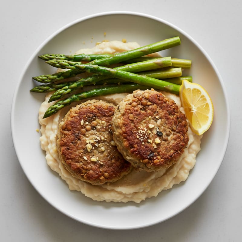 Seared Lentil and Mushroom Patties with Steamed Asparagus and Creamy White Bean Mash