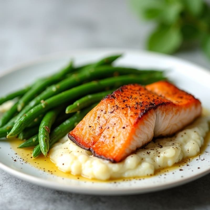 Seared Salmon with Steamed Green Beans and Cauliflower Mash