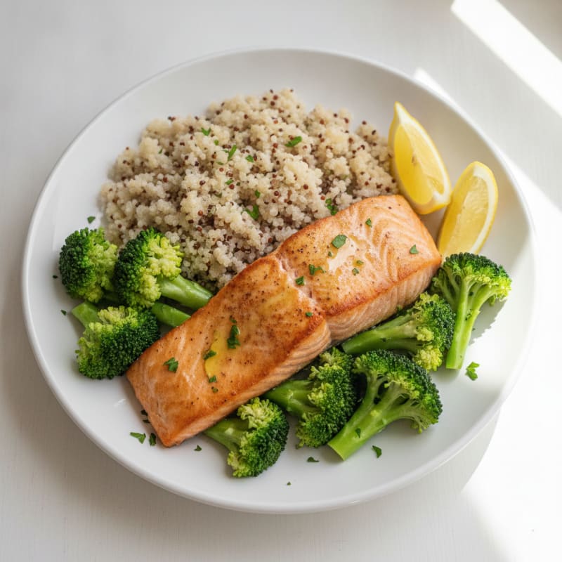 Seared Salmon Fillet with Steamed Broccoli and Quinoa