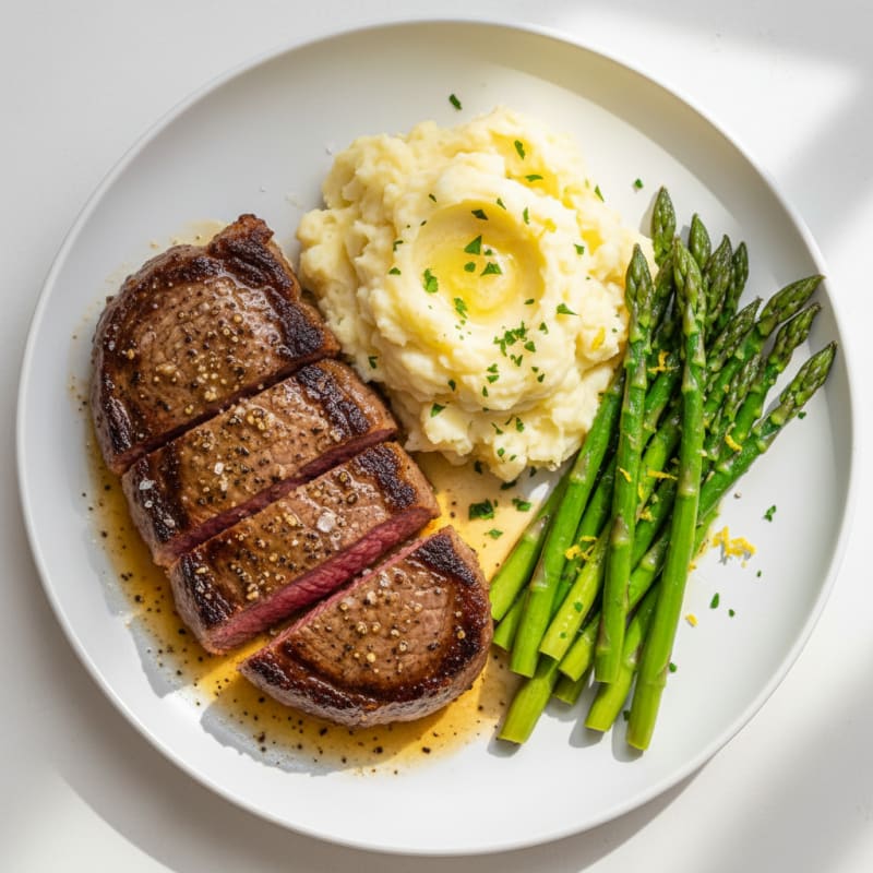 Pan-Seared Steak with Lemon Asparagus and Mashed Potatoes
