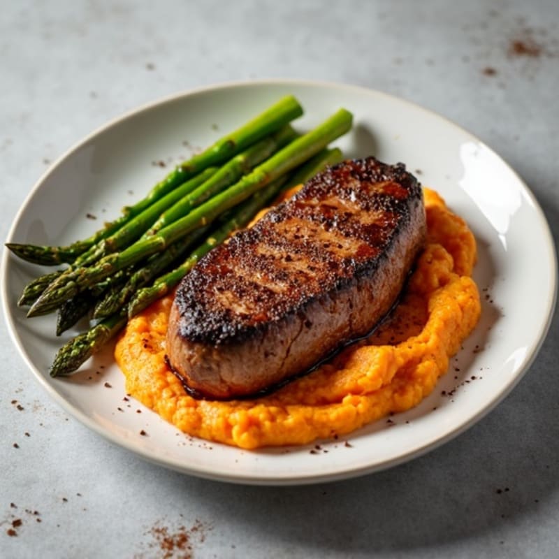 Coffee-Rubbed Steak with Creamy Sweet Potato Mash and Crispy Asparagus