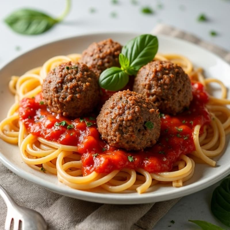 Lean Beef Meatballs with Whole Wheat Spaghetti and Fresh Herb Tomato Sauce