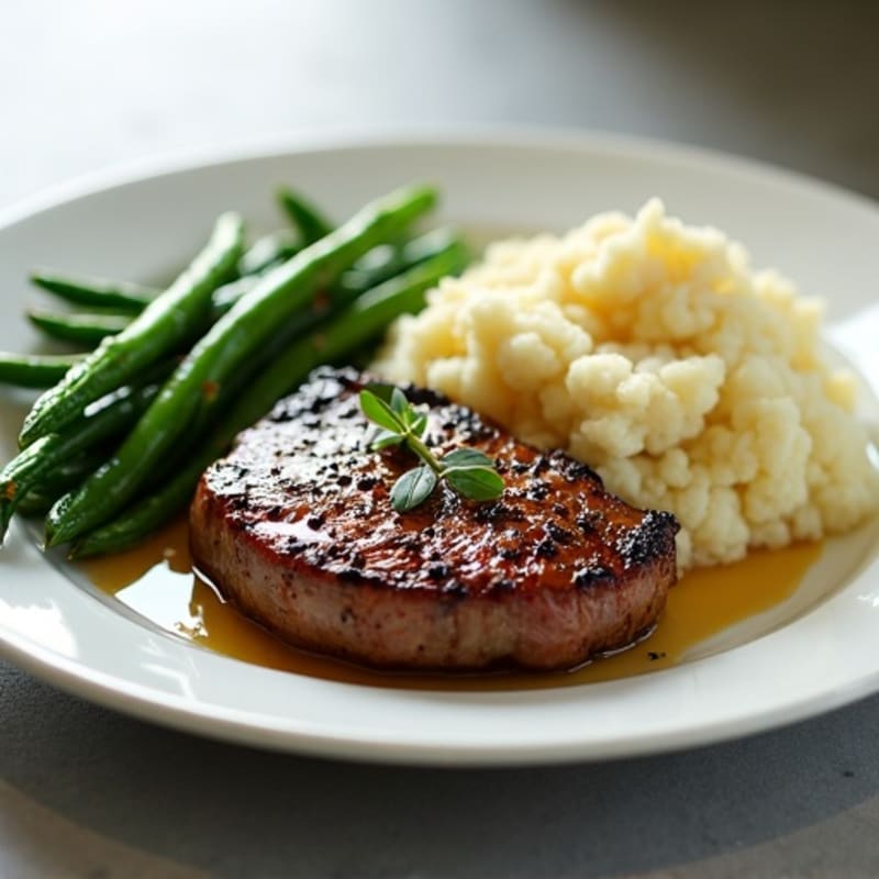 Seared Steak with Garlic Green Beans and Mashed Cauliflower