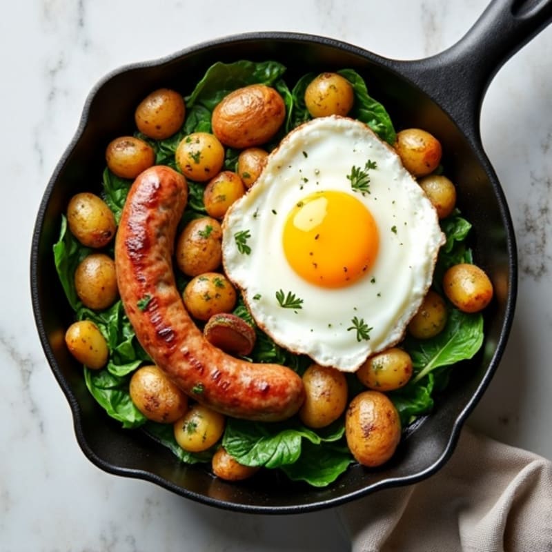 Lean Turkey Sausage and Egg Breakfast Skillet with Crispy Potatoes and Fresh Spinach