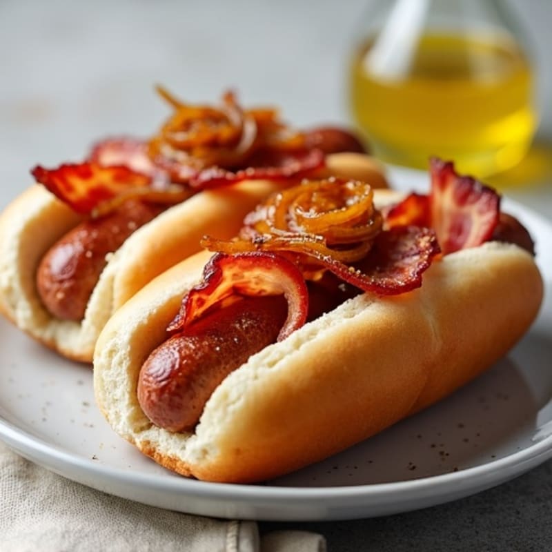 Lean Turkey Dogs with Turkey Bacon and Caramelized Onions