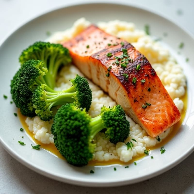 Seared Salmon with Steamed Broccoli and Cauliflower Mash