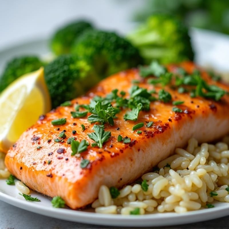 Seared Salmon with Steamed Broccoli and Lemon Herb Rice