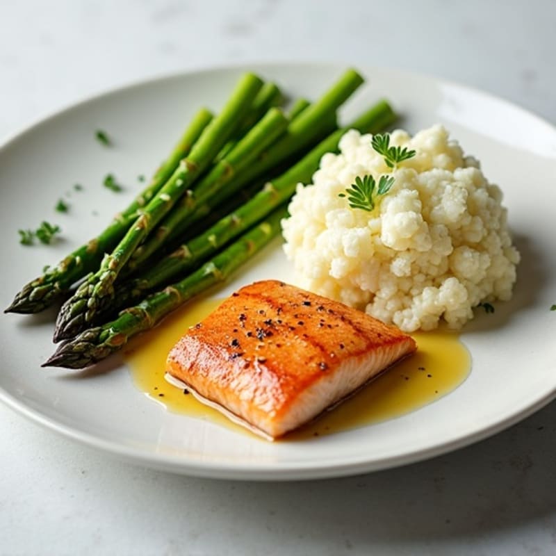 Seared Salmon Fillet with Steamed Asparagus and Mashed Cauliflower