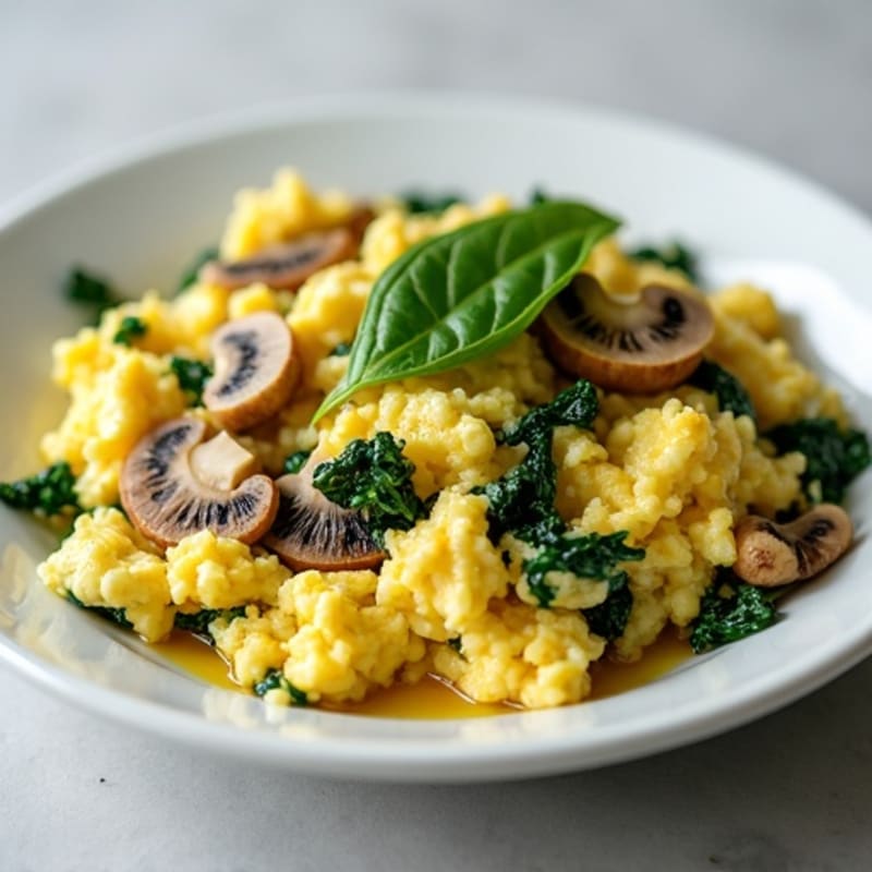 Fluffy Egg Scramble with Sautéed Spinach and Mushrooms