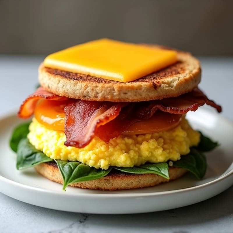 Crispy English Muffin Breakfast Stack with Wilted Spinach and Melted Cheese