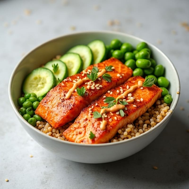 Sesame Salmon Brown Rice Bowl with Fresh Edamame, Cucumber, Avocado, and Creamy Sriracha Miso Aioli