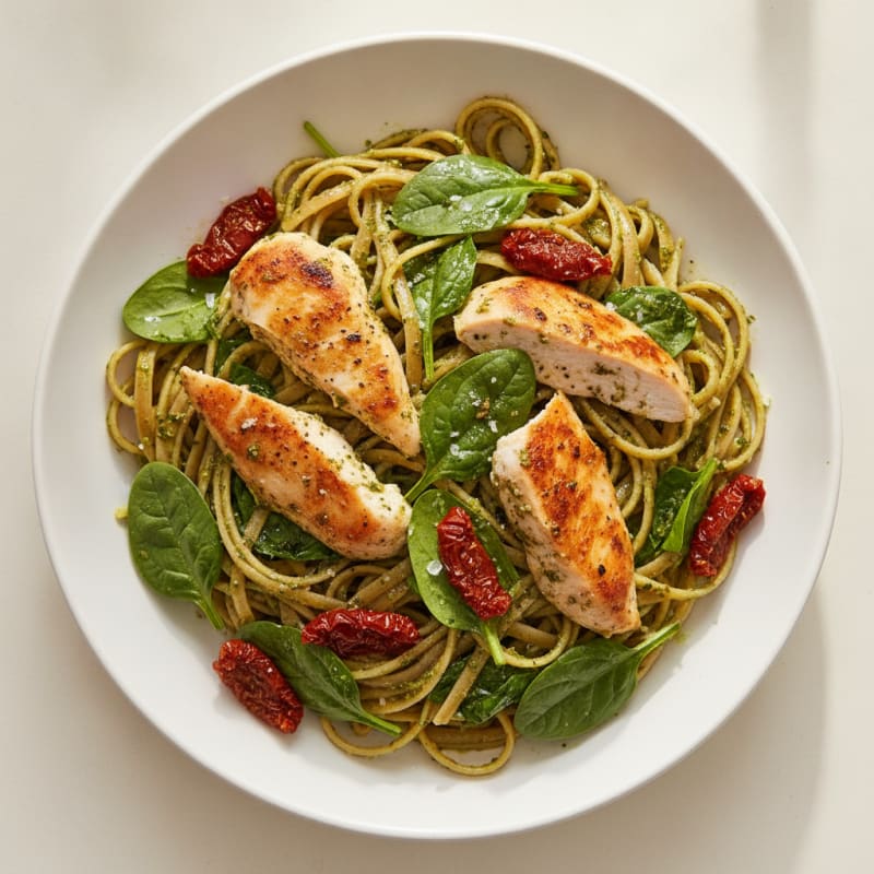 Pesto Chicken Linguine with Sun-Dried Tomatoes