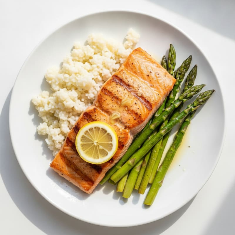 Seared Salmon Fillet with Roasted Asparagus and Cauliflower Rice