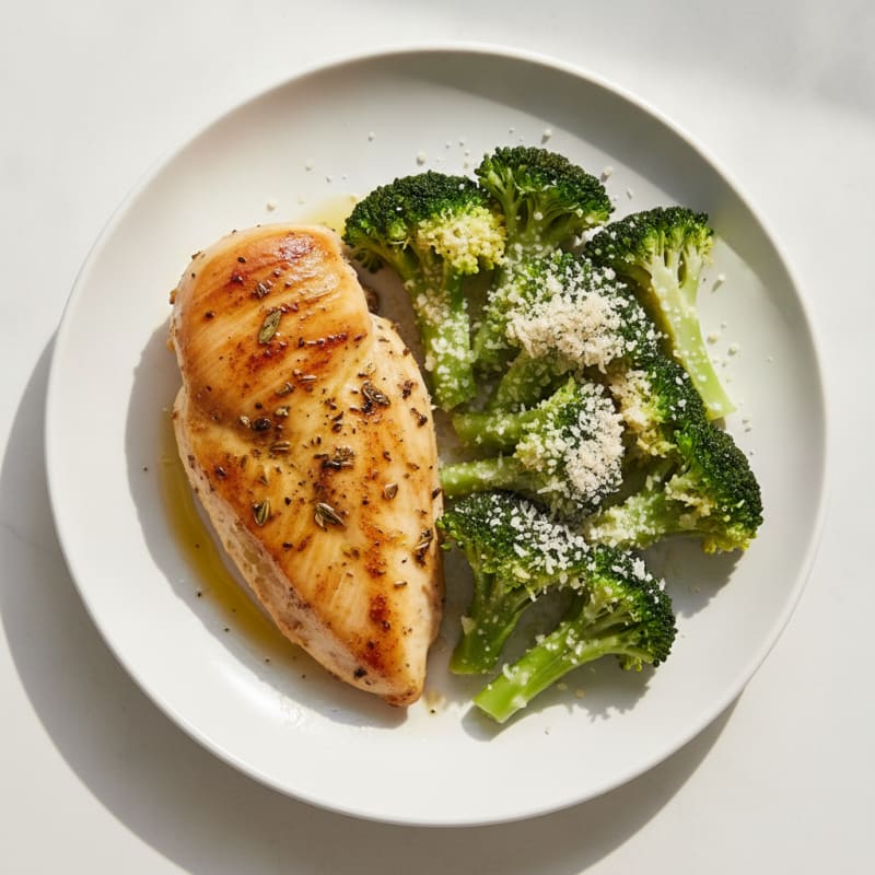 Herb-Roasted Chicken Breast with Steamed Broccoli and Parmesan