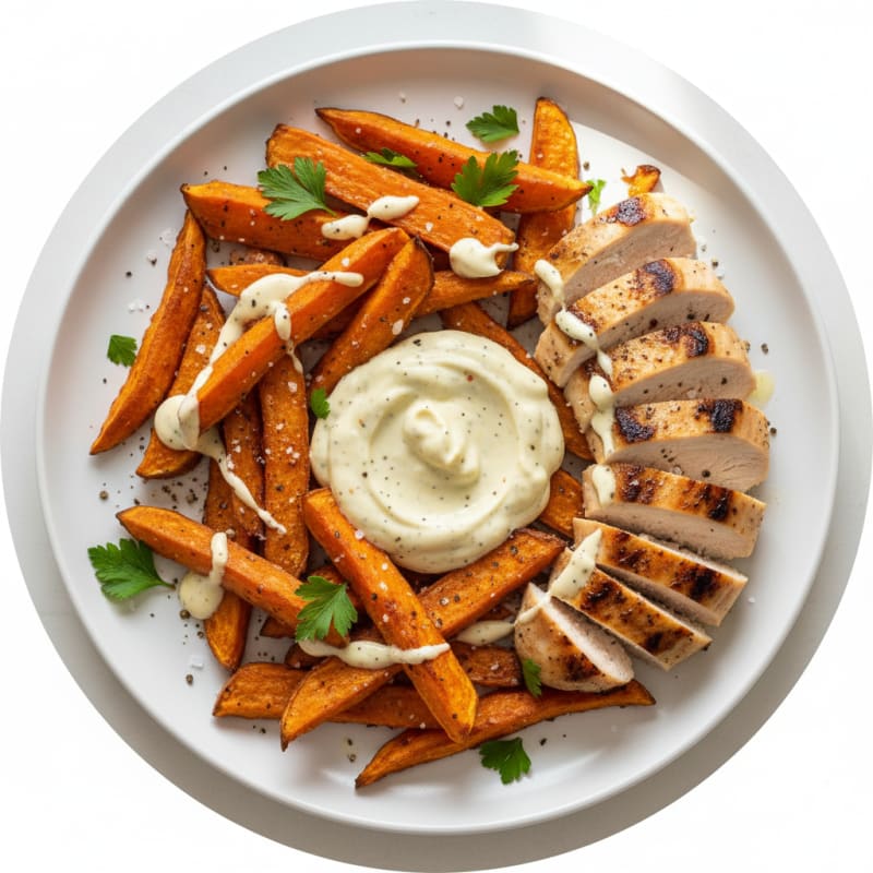 Protein-Packed Sweet Potato Fries with Garlic Aioli