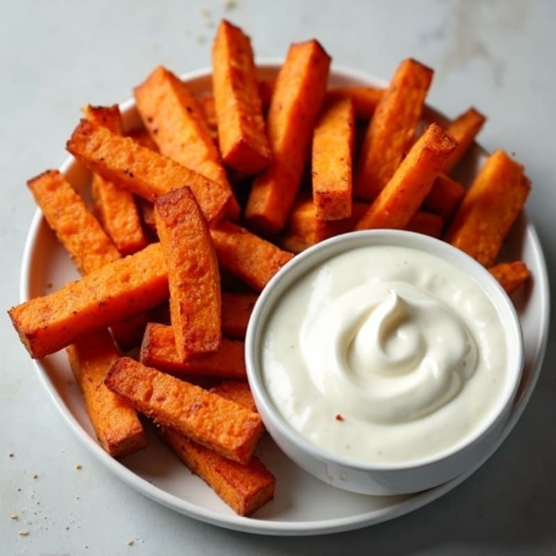 Crispy Baked Cinnamon Sweet Potato Sticks with Protein-Packed Yogurt Dip