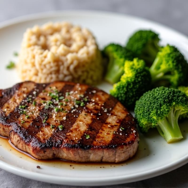Grilled Steak with Brown Rice and Steamed Broccoli