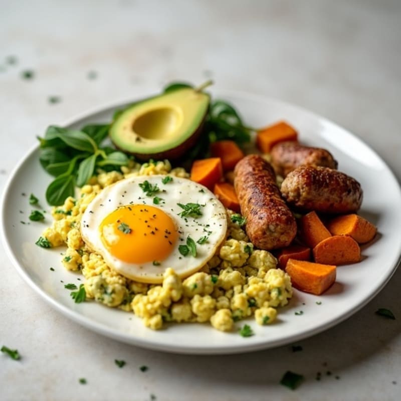 Egg White and Turkey Sausage Scramble with Spinach and Sweet Potato