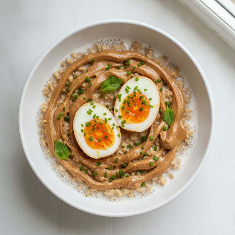 Omega 3 Egg and Oatmeal Bowl with Peanut Butter and Soy Milk