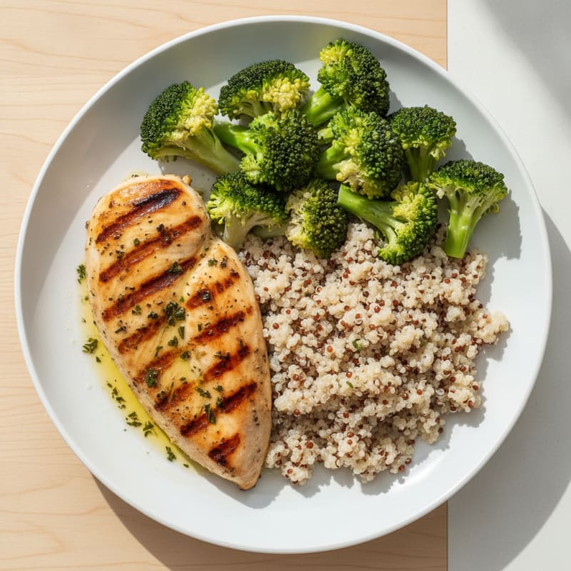 Grilled Chicken Breast with Steamed Broccoli and Quinoa